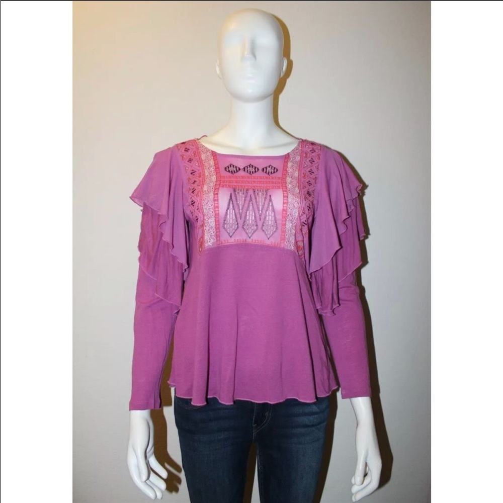 Free People Front Embroidery Ruffle Blouse Pink
